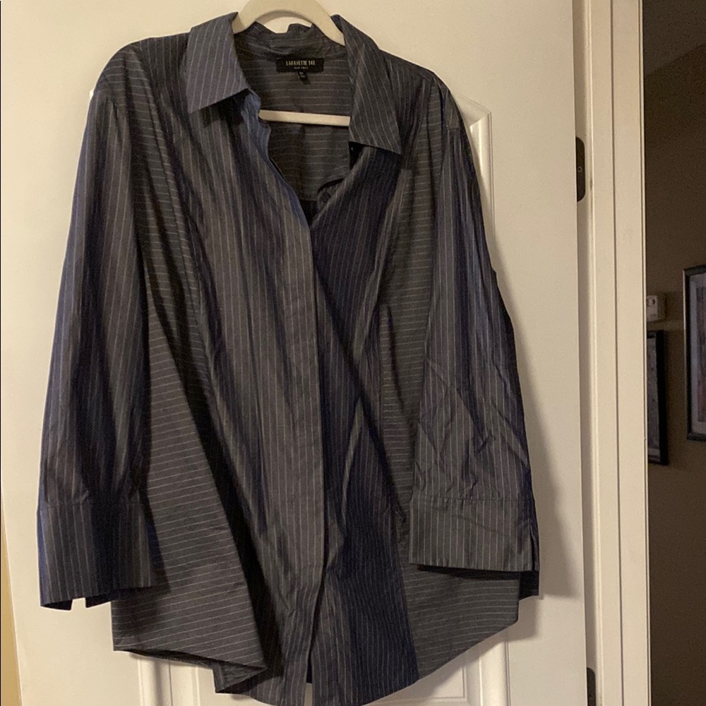 Lafayette 148 New York Blue Striped Button Down Shirt